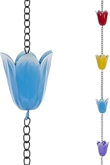 Rain Chains for Gutters, 8.3 Ft Colorful Tulip Rain Chain with 12 Cups, Adjustable Metal Rain Catcher Chain, Replacement Downspout for Gutters, Eaves Drainage Decor