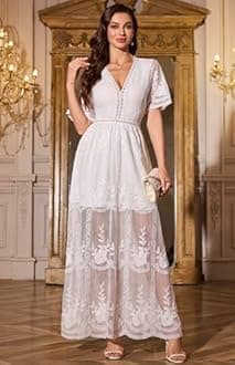 MERMAID'S CLOSET Womens Casual Off Shoulder Maxi Dress White Lace Sleeve Beach Dresses