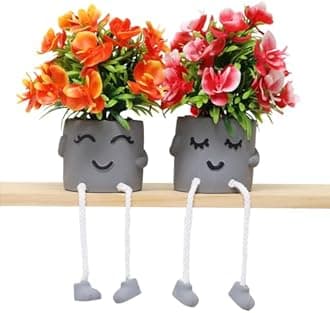 Zerzsy Cute Artifical Plants in Cement Pots, Small Fake Plants for Office Decorations, Mini Faux Succulents Flowers for Home Desk Shelf Decor-Set of 2