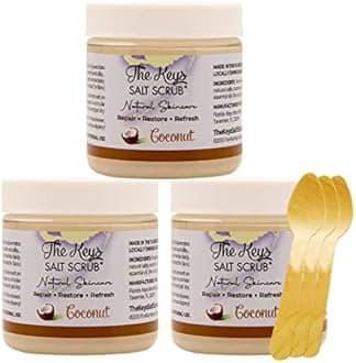 The Keys Salt Scrub -Sea Salt Scrub - Exfoliating Body Scrub with Wooden Spoon - Moisturizing Exfoliator for Hands, Foot, Bath, (3.4 Ounce (Pack of 3), Coconut)