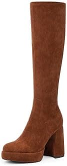 Platform Knee High Boots for Women Chunky Heel Rounded Toe Womens Knee High Boots Side Zipper Tall Boots