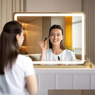 Hasipu Vanity Mirror with Lights, 31.5" x 22" LED Makeup Mirror, Lighted Makeup Mirror with Dimmable 3 Modes, Touch Screen Control Vanity Mirror Round Gold