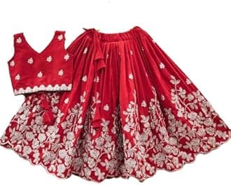Girls Readymade Crop Top With Lehenga - Taffeta Silk Embroidered Lehenga Choli - Perfect for Ethnic, Party & Wedding - Traditional Dress