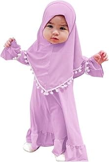 Newborn Infant Baby Girls Prayer Dress Muslim Clothes for Toddler Kids Long Sleeve Abaya with Hijab Two Piece Set