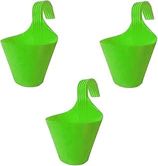Go Hooked Plastic Hanging Planter for Plants, Railing Flower Pots, Pot Diameter (22 cm), Pot Height (17 cm) (Set of 3)(Green)