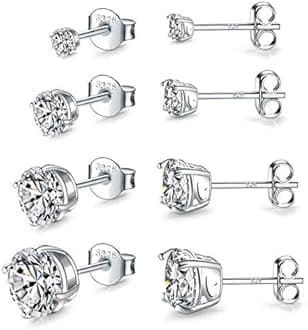 925 Sterling Silver Stud earrings Set | White Gold Plated Hypoallergenic Stud Earrings | Cubic Zirconia Stud Earrings for Women (2mm,3mm,4mm,5mm,6mm,7mm) 8 CZ colors options