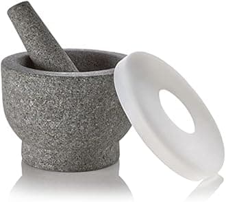 Pill Crusher Set - Easy Grip Non-Slip Granite Mortar and Pestle Muddler & Deep Bowl with Silicone Lid - Grinder for Pills, Tablets, Vitamins