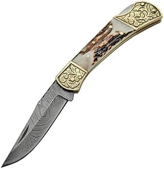 SANZ 4.25" Damascus Folding Knife– Lockback Pocket Knife for Men and Women with 3.25" Razor Sharp Blade, Engraved Brass Bolster, Stag Handle & Filework Spine – Hunting, Camping, Everyday Carry EDC Knife