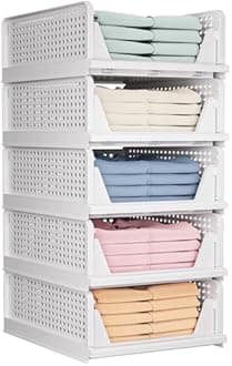 5 Pack Folding Closet Organizers Storage Box, Stackable Storage Bins, Plastic Drawer Basket Closet Storage for Wardrobe Cupboard Kitchen Bathroom Office White-5L