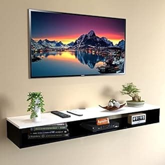 Furnifry Wooden Wall Mounted Floating TV Stand/TV Entertainment Unit/Cabinet with Rack for Set Top Box & Decorative Objects/TV Stand Unit for Living Room with Storage Shelf (60x8x11 Cm, Black & White)