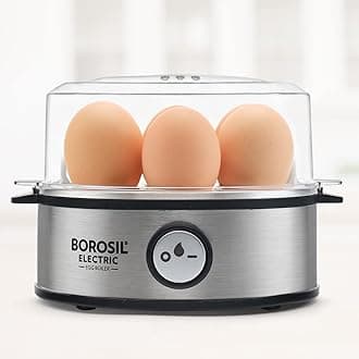 Borosil Electric Egg Boiler with Poaching Tray, Boil Eggs At A Time, For Hard, Soft, Medium Boiled Eggs, Steamed Vegetables, Transparent Lid, Stainless Steel Exterior (7 Egg Capacity)