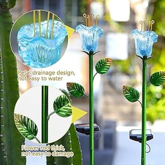 Solar Lights Outdoor Decorative Flowers 2 Pack, Blue Glass Lily Flower Lights, Auto ON/OFF for Garden, Patio, Backyard