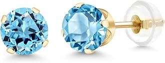 Gem Stone King 2.00 Ct Round 6mm Swiss Blue Topaz 14K Yellow Gold Stud Earrings