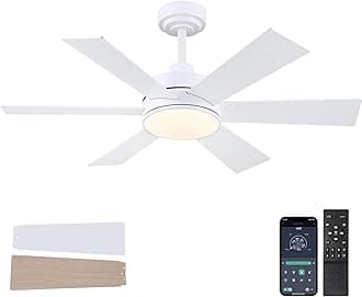42 inch Ceiling Fans with Lights, Ceiling Fan with Remote APP, Dual-Sided Modern/Rustic 6 Blades, Reversible, 3CCT, Sloped Flush Mount Low Profile Ceiling Fan with Lights Bedroom Kitchen Indoor White