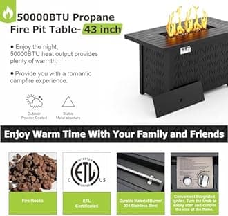 SUNPEAK 43 Inch Rectangular Propane Fire Pit Table for Outdoor Patio – 50,000 BTU Gas Firepit with Lid, Cover & Lava Rocks – Metal Fire Table with Hidden Tank Storage (Black, 43" Rectangular)