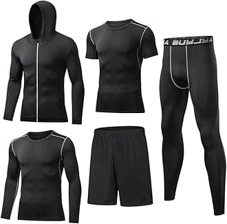 BUYJYA 5Pcs Men's Compression Pants Shirt Top Long Sleeve Jacket Athletic Sets Gym Clothing Mens Workout