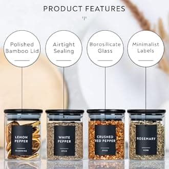Laramaid 6oz 12Pack Spice Jars with Black Vinyl Spice Labels, Round Jars with Black Bamboo Lids, Minimalist Premium Labels, Adjustable Measuring Spoon and White Pen, Storage Container Canisters