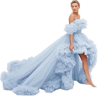 UZN Women's High Low Tulle Prom Dresses Off Shoulder Ruffles Formal Evening Party Gowns