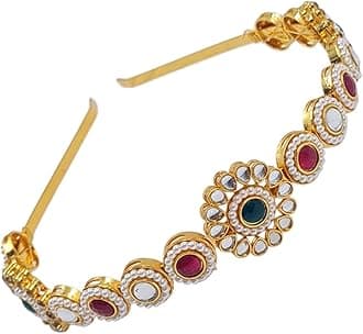 Kundan Work Golden Flower Design Hairband/Mathapatti/Sheeshpatti for Women/Girls/Bride Multi color Ready to Wear Shishpatti hair band