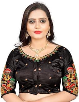 Cotton Silk All Over embrodered Round Neck Cutwork Half Sleeves Saree Blouse Readymade Crop Top Choli for Girls & Womens Free Size (503)