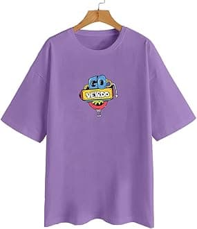 VeirdoPure Cotton Round Neck Oversized Baggy Fit Latest Stylish Front & Back Graphic Printed Half Sleeve Boyfriend T-Shirt for Women (Color Options- Black, Orange, Royal Blue & Lilac)