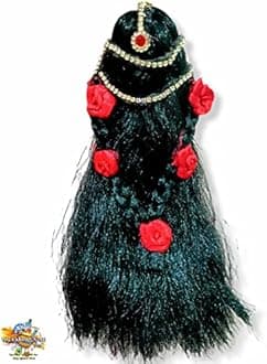 Brij Sugandha Flower Decoration Open Hair – Decorated Black Microfiber Kesh for Durga Maa, Radha Rani & All Devi Idol by The Kanha Store (7 INCH)