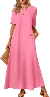 MEROKEETY Summer Spring Maxi Dresses for Women 2026 Casual Vacation Crew Neck Short Sleeve Long T Shirt Dress with Pockets