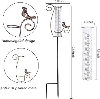 Venniy Rain Gauge Outdoor, 7" Glass Rain Gauge with Metal Stake, Decorative Bird Rain Gauge for Yard Garden Lawn Decor