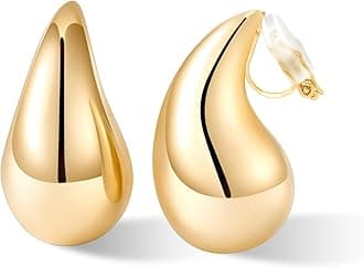 Gold Drop Clip On Earrings Dupes Teardrop Chunky Non Pierced Earring 14K Real Gold Plated Hypoallergenic Lightweight Earrings for Women（Gold and Silver）