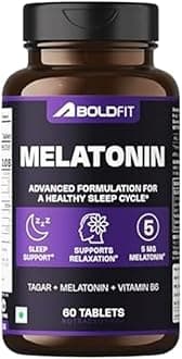 Boldfit Melatonin 5mg Sleeping Pills with Tagar 250mg and Vitamin B6 Non-Habit Forming Sleep Supplement for Men & Women Melatonin Tablets for Relaxation Sleep Routine & Night-Time Support- 60 Vegetarian Tablets