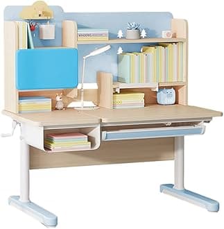 FCD Wood Adjustable Height Ergonomic Kids Study Desk Drafting Table Computer Station Built-in Bookshelf Hutch Multi Function Desktop 43.3" Width (Blue)