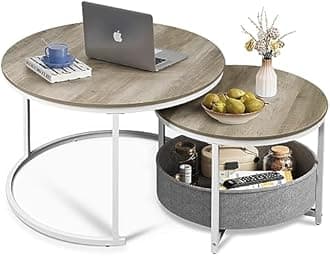 WLIVE Coffee Table Set of 2,Round Nesting Table for Living Room,Small Circle Table with Storage for Small Space,Metal Frame and Fabric Basket, Home Office Bedroom Outdoor,Grey and White