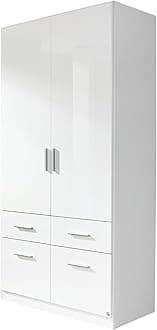 Rauch Möbel Celle Wardrobe Hinge-Door Wardrobe in White/High Gloss White, 2-Door with 4 x Drawers, Incl. Basic Accessories Package, 1 x Clothes Rail, 2 x Shelves, (W x H x D), 91 x 197 x 54 cm
