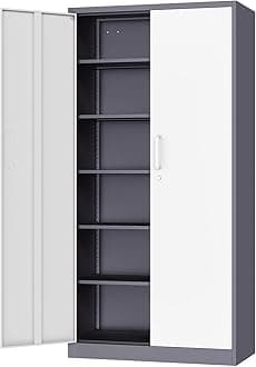 Metal Cabinet Steel Storage Cabinet - 71” Tall Steel File Cabinets with Lockable Doors and 5 Adjustable Shelves Gray&White Storage Cabinets for Home, School, Office, Garage