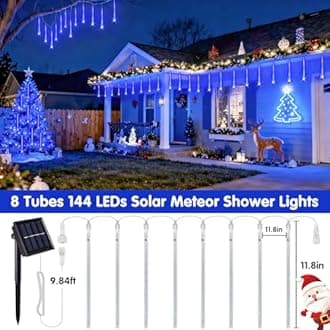 JMEXSUSS Solar Christmas Lights Outdoor, 8 Tube 144 LEDs Solar Meteor Shower Lights Outdoor, Hanging Blue Christmas Light for Tree Icicle Garden Yard Patio Gazebo Party Xmas Decor