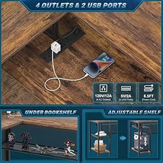 Unikito L Shaped Desk with LED Light and Power Outlet, Reversible Corner Computer Table with Monitor Stand and Storage Shelf, Modern L- Shaped Gaming Desk, Ergonomic Home Office Desk, Rustic Brown