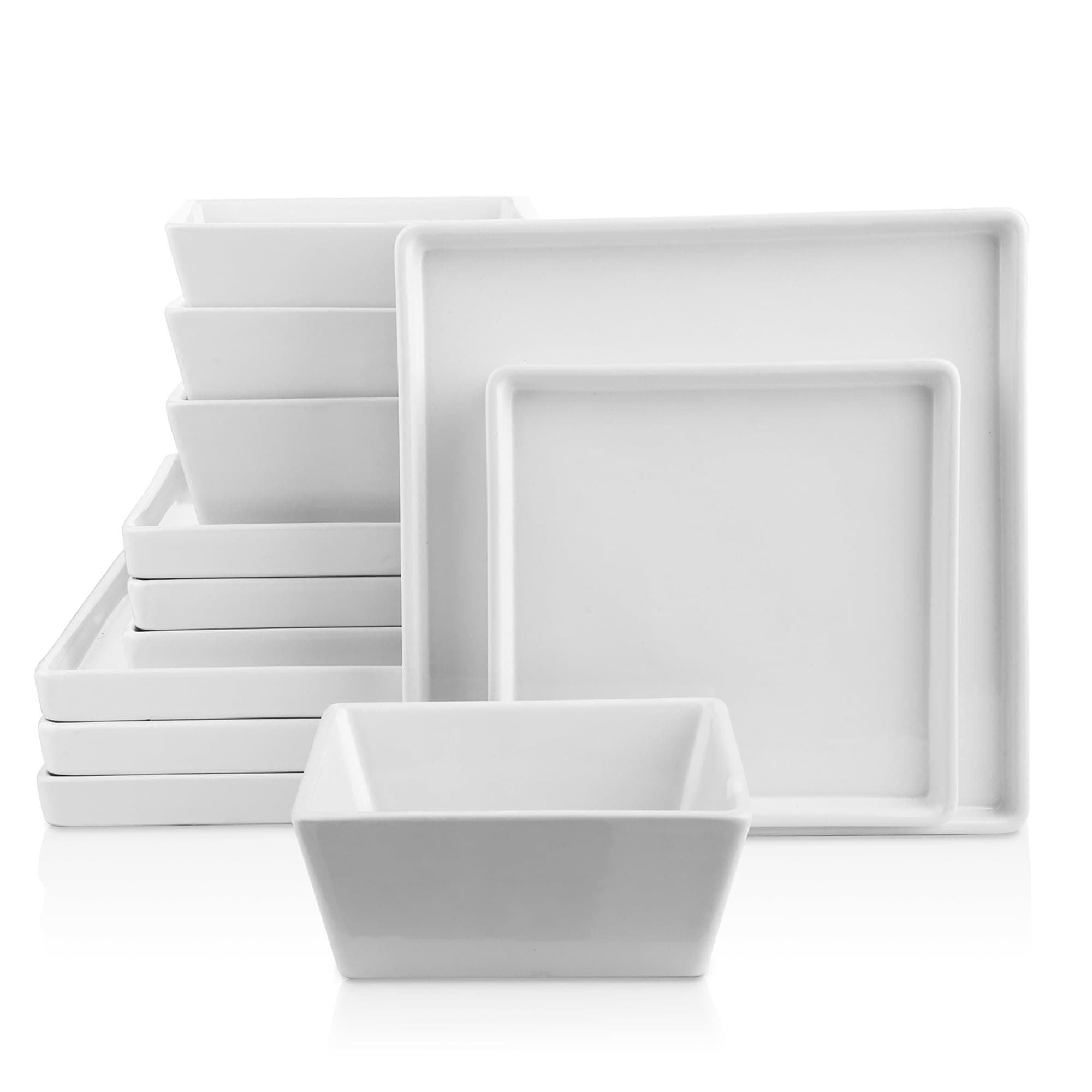 Grace Square Stoneware Dinnerware Set, 12 Piece Service For 4, Plates and Bowls Dish Set, White