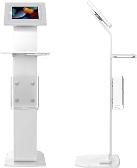 CTA Digital Anti-Theft Mobile Workstation – Locking Floor Stand Kiosk w/Secure Enclosure, Keyboard Tray & Storage - iPad 10.2" 7/8/9 Gen - 11" iPad Pro - Galaxy Tab A & More - White - (PAD-PARAFWK)