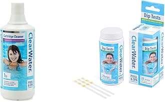 Clearwater CH0031 Filter Cartridge Cleaner Solution for Hot Tubs and Swimming Pools, 1 Litre & CH0012 25 Dip Test Strips for Swimming Pool and Spa Treatment, Measures PH, Alkaline and Chlorine