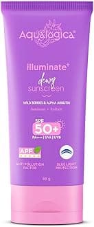 Aqualogica Illuminate+ Dewy All Skin Type Sunscreen Spf 50+ Pa++++ With Wild Berries & Alpha Arbutin - 80g Protection Against Uva/B & Blue Light, Fragrance-Free For Luminous & Sun Protected Skin