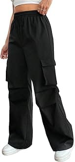 Sponsored Ad - High Waist Cotton Trousers for Women – Flared Parachute Pants with Side Pockets | Casual Travel Cargo Pants