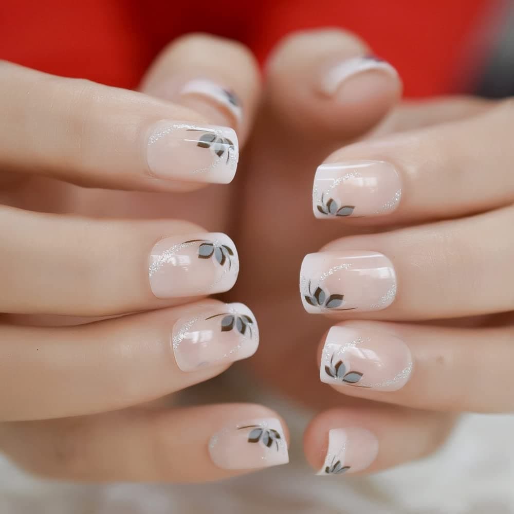 Press on Nails - Glitter Flowers Leaf Design False Nails | Gradient Ombre Finish Short Squoval Shape Reusable Fake Nails in 10 Sizes