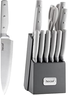 hecef Kitchen Knife Block Set, 14 Pieces Knife Set with Wooden Block & Sharpener Steel & All-purpose Scissors, High Carbon Stainless Steel Cutlery Set (Grey)