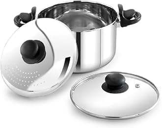 Praylady 7.0L Stainless Steel Strainer Pot with Glass Lid (24 CM) – Induction Base Multi-Purpose Cooking Pot for Pasta, Rice, Noodles, Vegetables – Pasta Pot, Anti-Locking, Dishwasher Safe