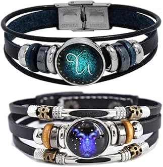 2Pcs Multilayer Constellation Zodiac Leather Bracelet Handmade Woven Zodiac Sign Wrap Bracelet Wristband for Women Men Jewelry Birthday Gift