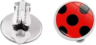 Ladybug Earrings Clip on Earrings No Pierced Ladybird Design Jewellery with Silver Ear Cuff Black Spot Red Charm for Girl woman Cosplay Ear Hoop