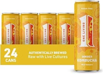 One Living Kombucha Drink - Ginger with Turmeric - 24 x 250ml Cans - Sugar Free, Great Tasting Authentically Brewed Kombucha with Live Cultures - Lightly Sparkling, 100% Natural, Vegan