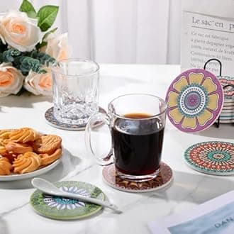 Hushee 12 Pcs Ceramic Drink Coasters with 1 Holder Holiday Cup Coasters with Cork Backing for Home Table Protection Wine Cups Coffee Bar Party Gifts(Mandala Style)