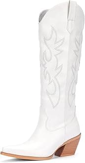 Pasuot White Cowboy Boots for Women - Wide Calf Cowgirl Knee High Western Boots with Side Zip and Embroidered, Pointed Toe Chunky Heel Retro Classic Tall Boot Pull On for Ladies Fall Winter Size 5