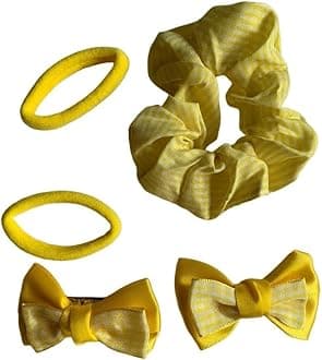 Gingham Hair Accessories for School Alice Band Slim Headband Scrunchy Clips (Yellow 5 piece Gingham School Hair Set)